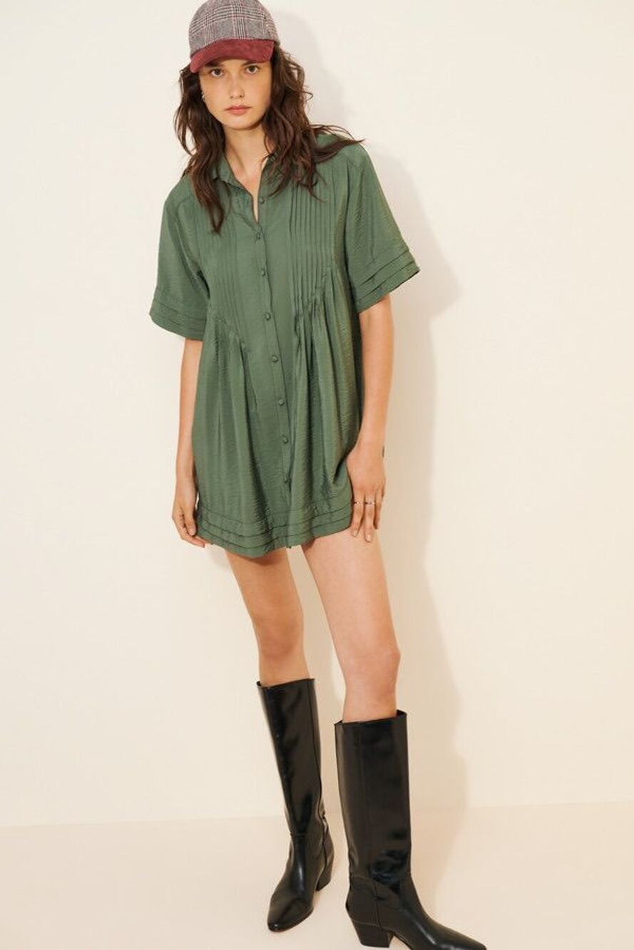 Anthropologie Pilcro Green Pintuck Button Front Mini Dress XXS